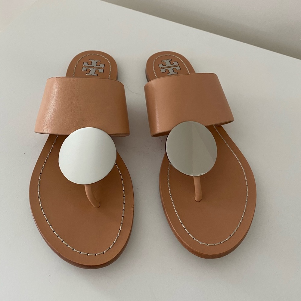 Tory Burch Patos Disk Sandal in tan and silver